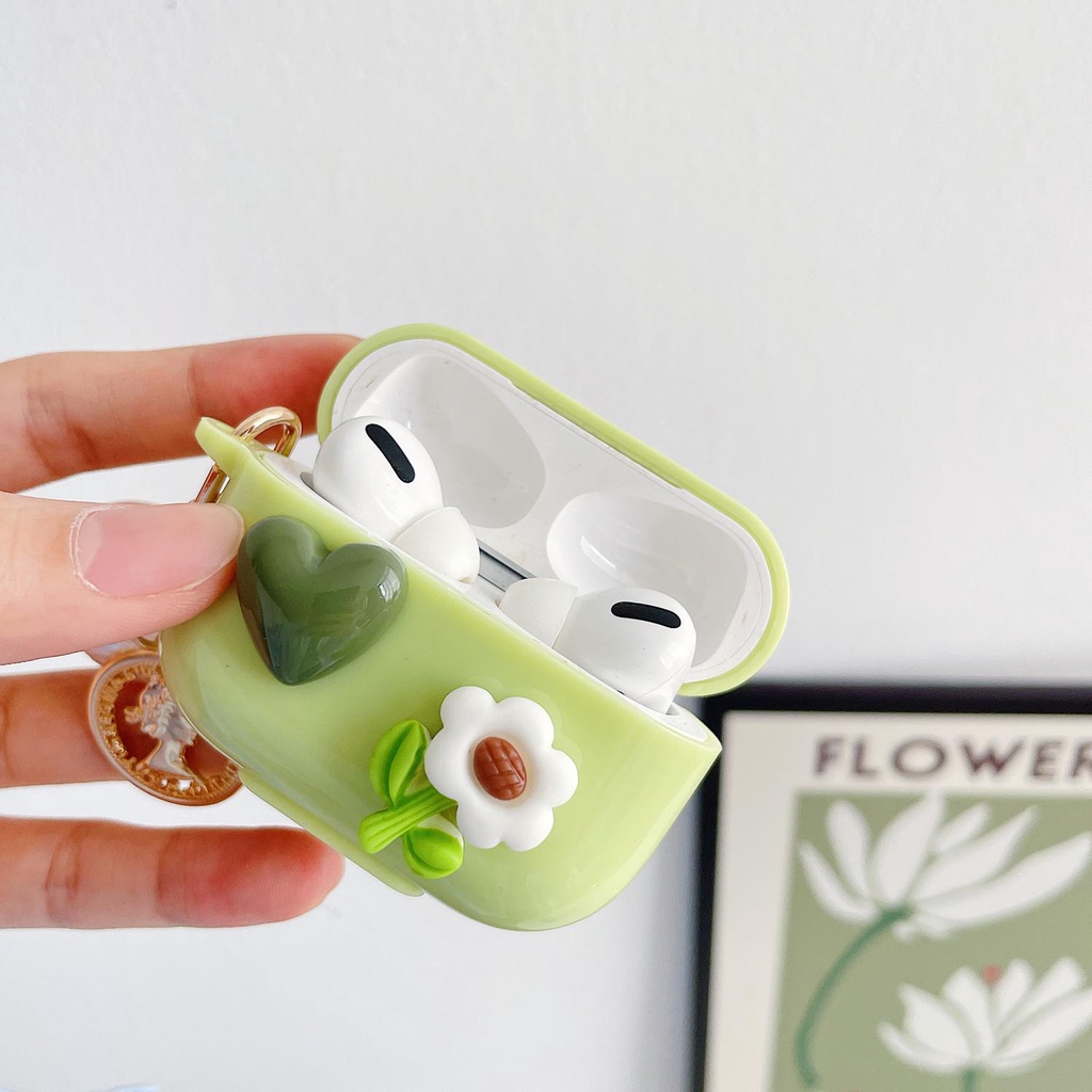 Green Love Heart  AirPods 1/2 Pro Case with Cain Shockproof Headset Protector Hard Case