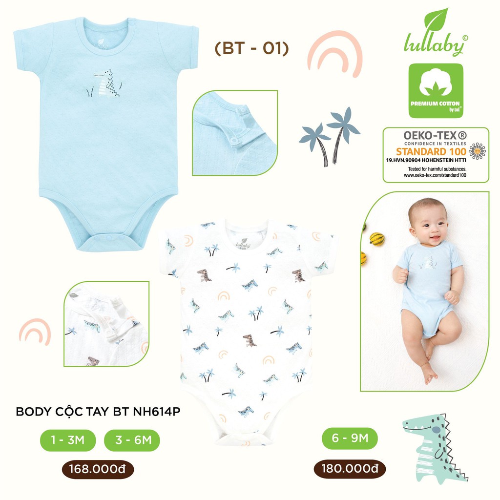 Set 2 body cotton vân thoáng Lullaby NH614P, body cộc tay bé trai, bé gái cao cấp