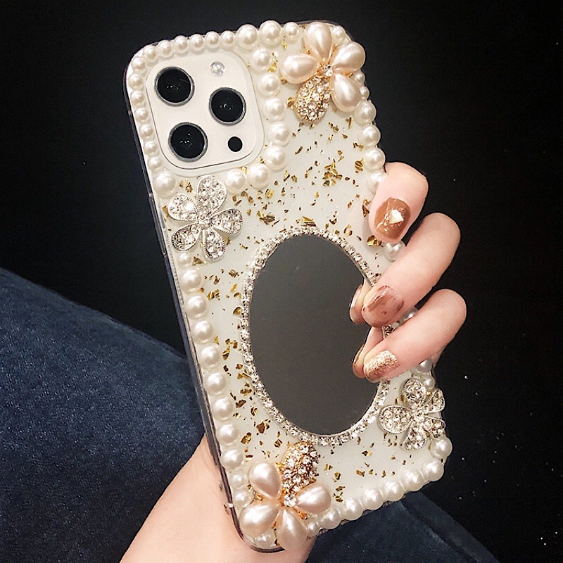 Dành Cho iPhone 13 Pro Max Ốp Lưng Kim Cương Lấp Lánh Kim Cương Giả Ngọc Trai Hoa Gương Trang Điểm Cho iPhone 12 11 Pro Max X XR XS 7 Plus