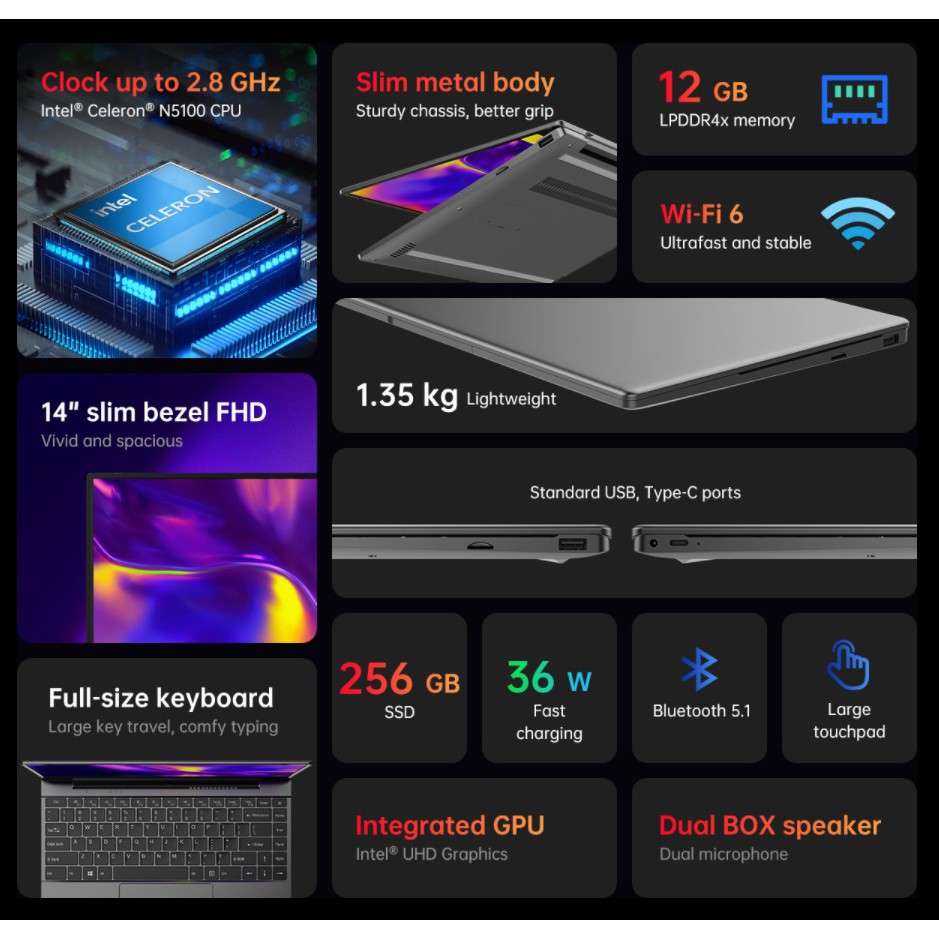 Máy tính laptop AlldoCube GT Book chip N5100/8G/256G/14.1 inch Full HD | BigBuy360 - bigbuy360.vn