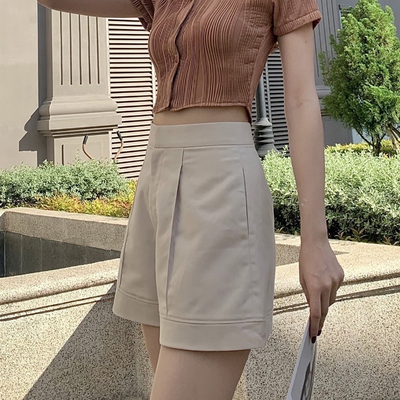 Quần đùi kaki ống rông cạp cao trắng đen be - Audrey Studio
