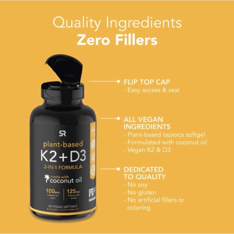 Vitamin D3 + K2 Sports Research | Hấp Thụ Canxi, Tăng Chiều Cao, Ngăn chặn sỏi thận, Tắc nghẽn mạch máu 60 viên USA