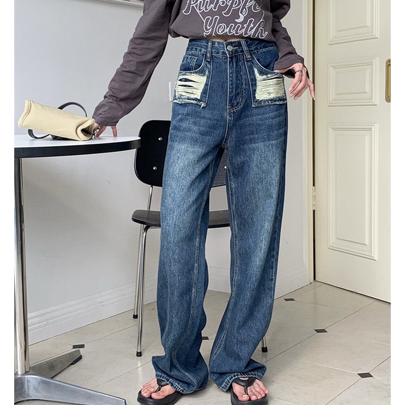 Quần Jean Dài Dáng Rộng Ống Suông Phối Vải Rách Thời Trang Mùa Thu