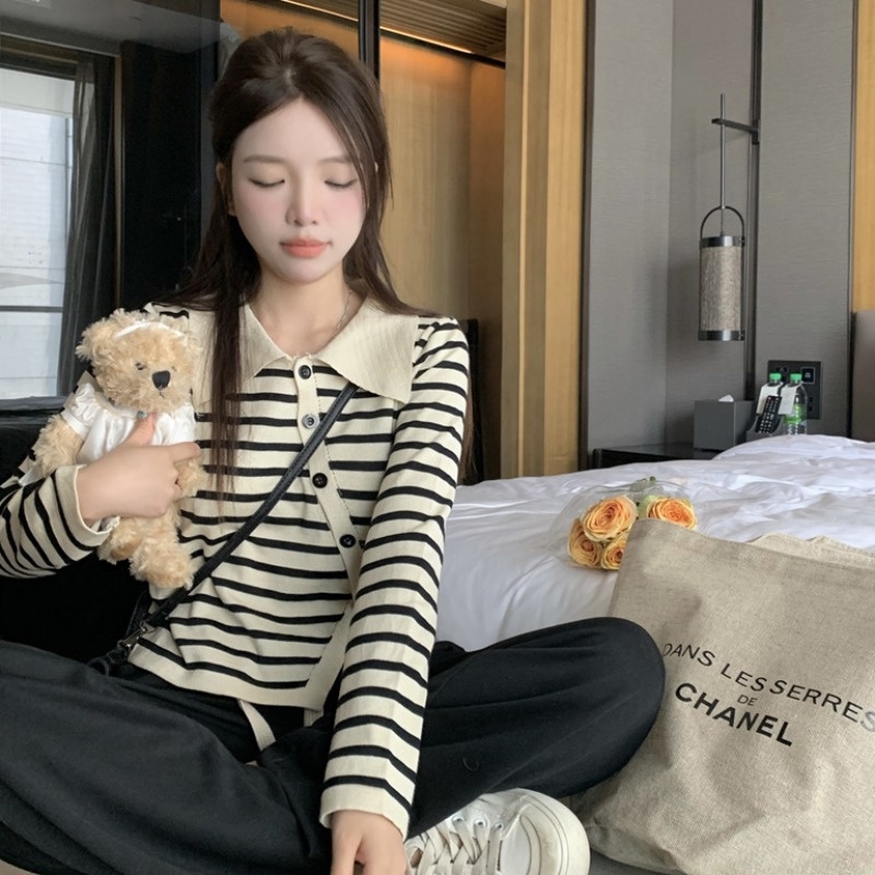 Áo cardigan ZHELIHANGFEI dệt kim cổ bẻ xẻ tà họa tiết kẻ sọc hợp thời trang