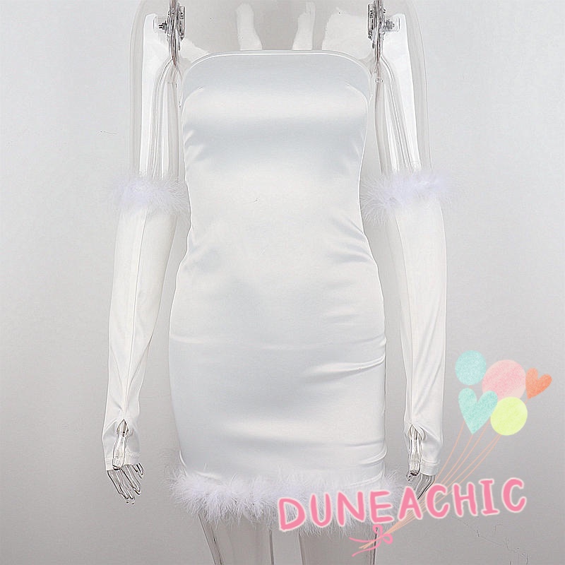 DUNEA Đầm trễ vai tay dài phối lông vũ thời trang quyến rũ cho nữ