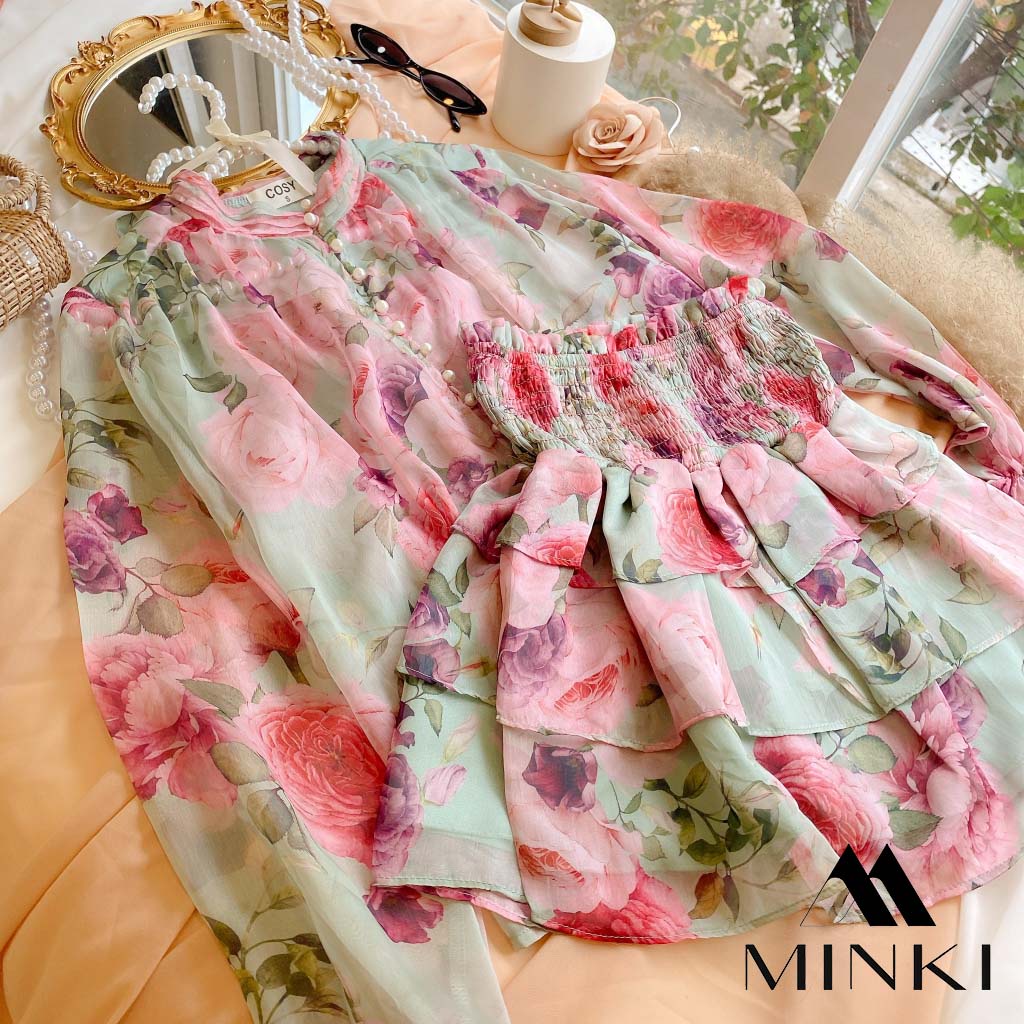 SET ÁO VOAN HOA KÈM LÓT CHÂN VÁY NHÚN - CHẤT LIỆU VOAN CAO CẤP - MÀU XANH / HỒNG | BigBuy360 - bigbuy360.vn