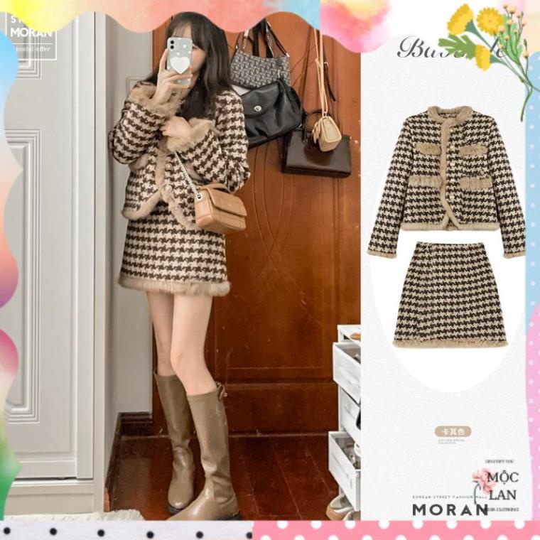 (ORDER) Set áo khoác dạ sọc caro MORAN phối viền lông vũ+ Chân váy dáng chữ A style Hàn Quốc (hàng mới về)