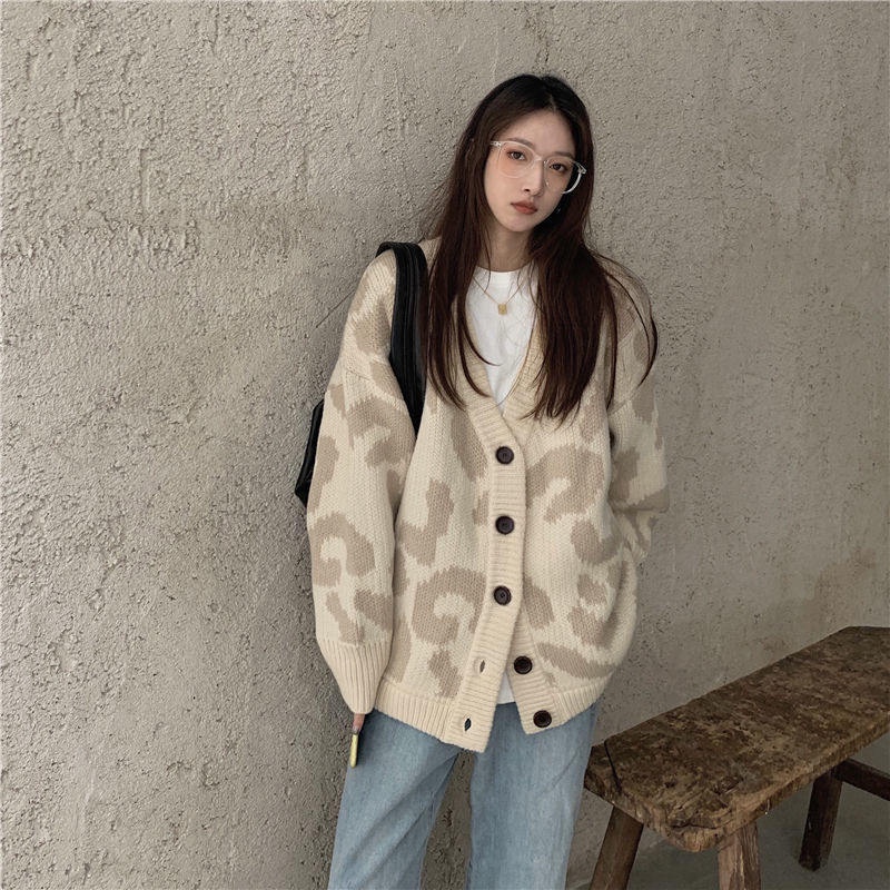 Áo Khoác Cardigan Dệt Kim Họa Tiết Da Báo Thiết Kế Mới Thời Trang Theo Phong Cách Hàn Quốc Cho Nữ