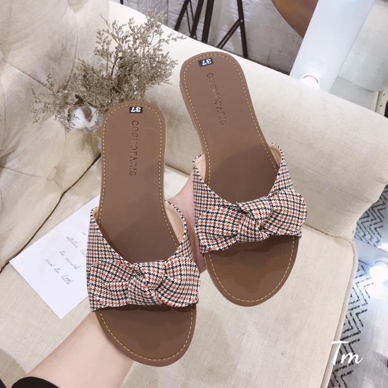 Dép nâu buộc nơ kẻ vintage siêu đẹp