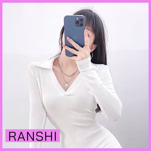 Đầm Body Dài Tay Sexy Cổ Polo RANSHI Váy Ôm Sát Có Hai Màu Đen Và Trắng Siêu Xinh Chất Thun Gân Dày Dặn - RBD044