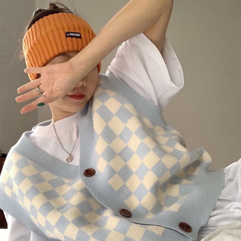 Áo gile len nữ kẻ caro cổ V dáng rộng phong cách ulzzang Hàn Quốc G3 | BigBuy360 - bigbuy360.vn