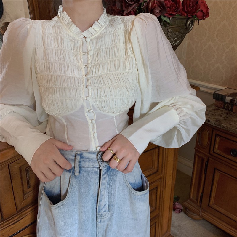 Áo sơ mi tay dài phối bèo nhún phong cách cổ điển kiểu Pháp | BigBuy360 - bigbuy360.vn