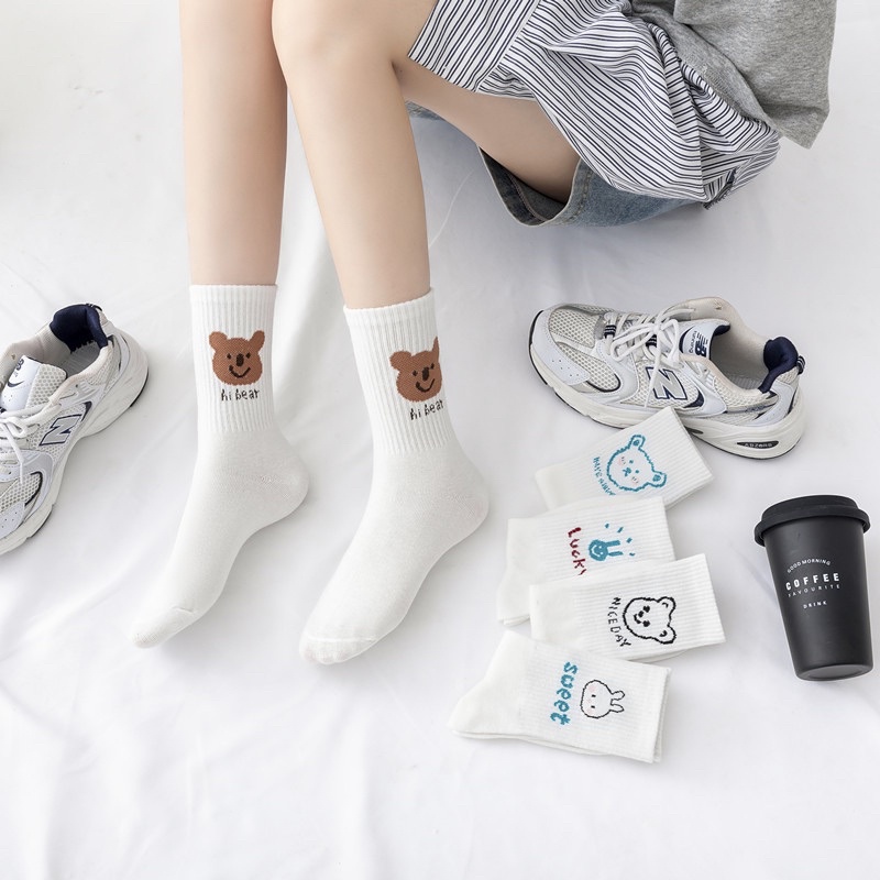 [Hàng có Sẵn]Tất cổ cao, vớ cổ cao nữ trắng họa tiết hình thú xinh xắn vải cotton co giãn thời trang Hàn Quốc TCC1
