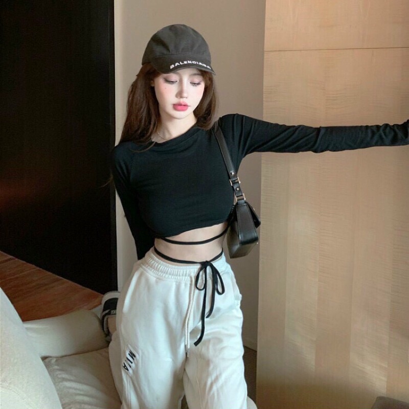 Áo thun tay dài croptop cổ tròn dây buộc bụng cho nữ
