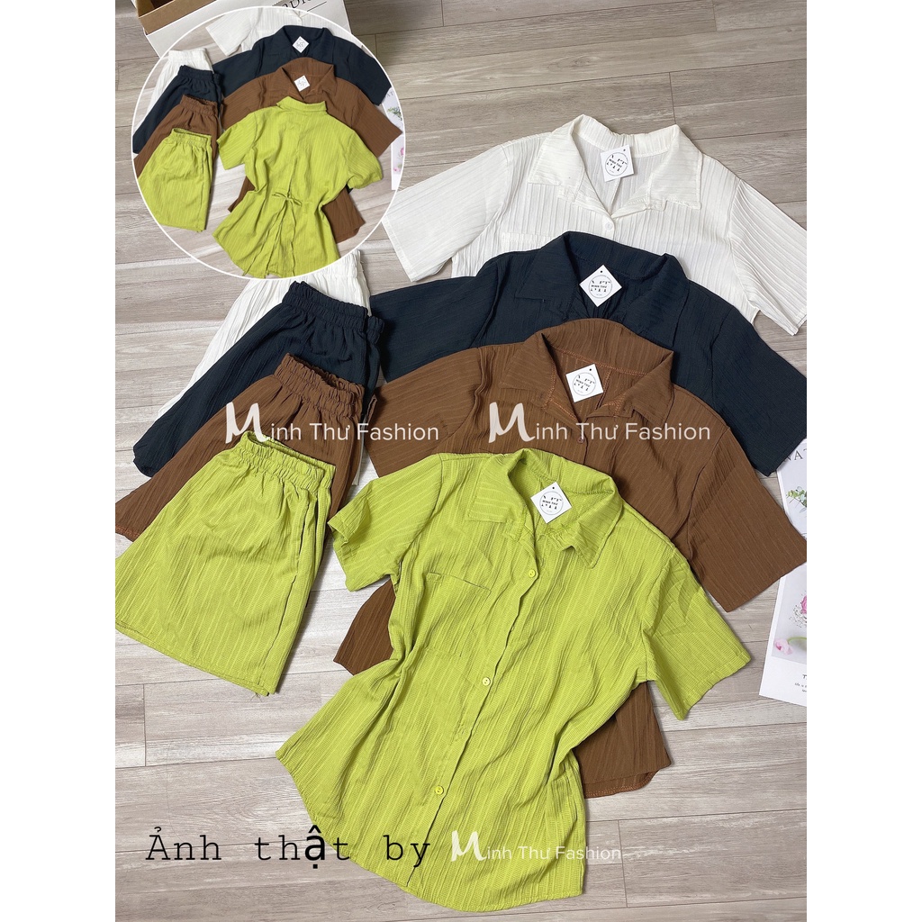 Ảnh thật Set bộ đũi cài nút sau lưng có xẻ tà cột nơ quần đùi bo chun mặc thoải mái