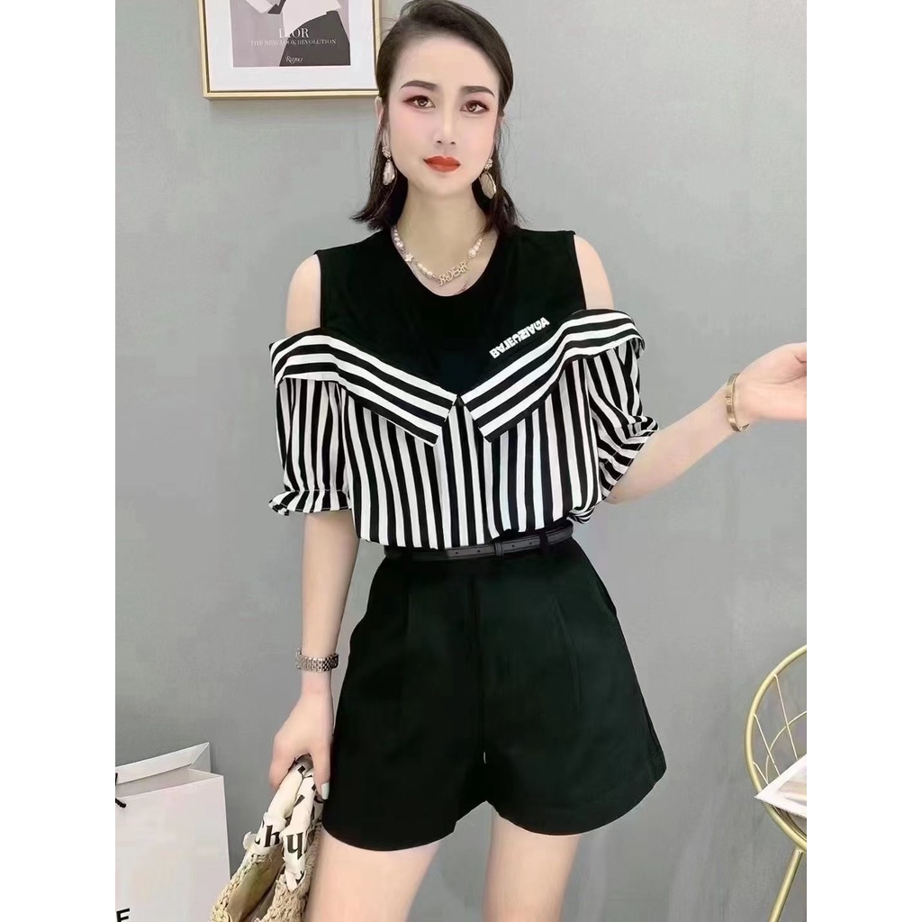 Áo Thun Tay Ngắn Giả Hai Mảnh Họa Tiết Kẻ Sọc Phối Màu Thời Trang Mùa Hè Phong Cách Mới