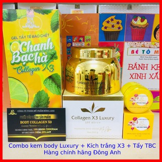 Combo Kem Body collagen X3 Luxury Đông Anh + Kích Trắng + Tẩy tế bào Chanh bạc hà Chinh hãng