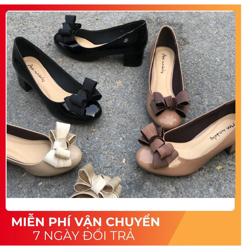 Giày cao gót 3 phân gót vuông mõm tròn nơ bồng [HỖ TRỌ ĐỔI SIZE SỐ ]
