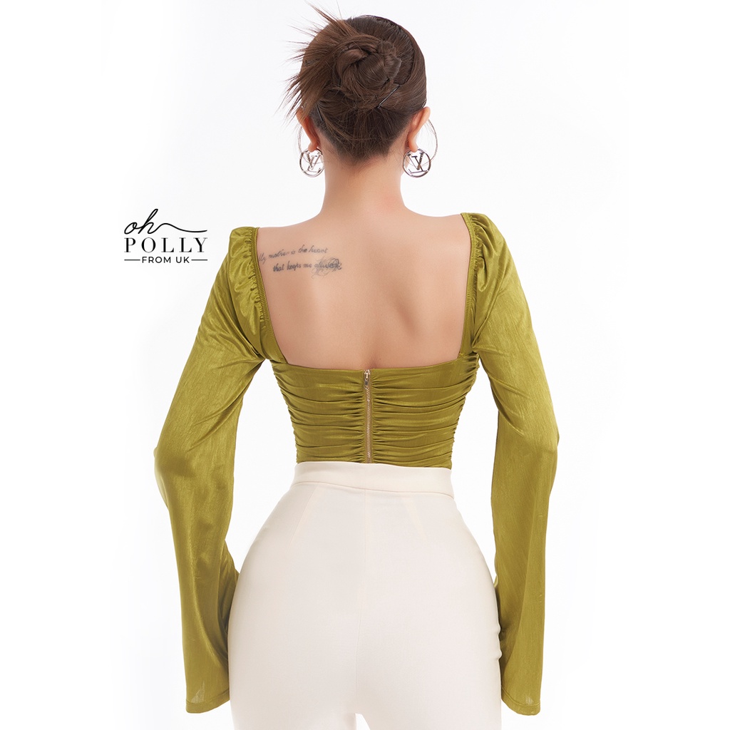 Oh Polly - Áo croptop tay dài khoét ngực, cổ vuông tay dài sexy