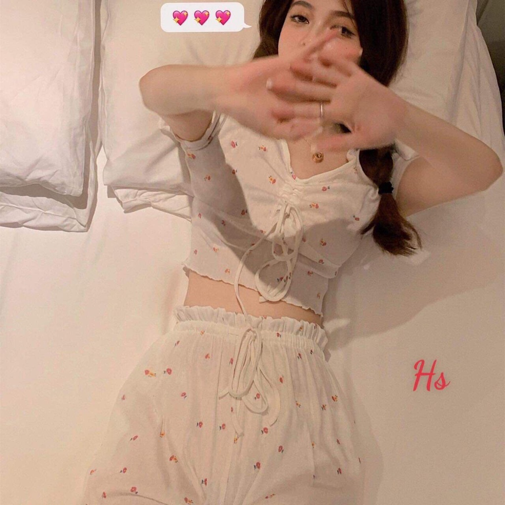 Set bộ ngủ rút ngực hoa nhí gồm áo thun + quần đùi nam nữ Unisex X.store , Cotton mềm mịn mùa Hè Hottrend 2022 SP1060