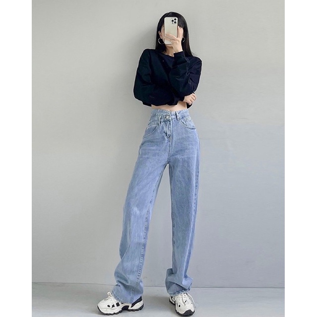 Quần Hazel Jeans Ống Suông Cạp Chéo