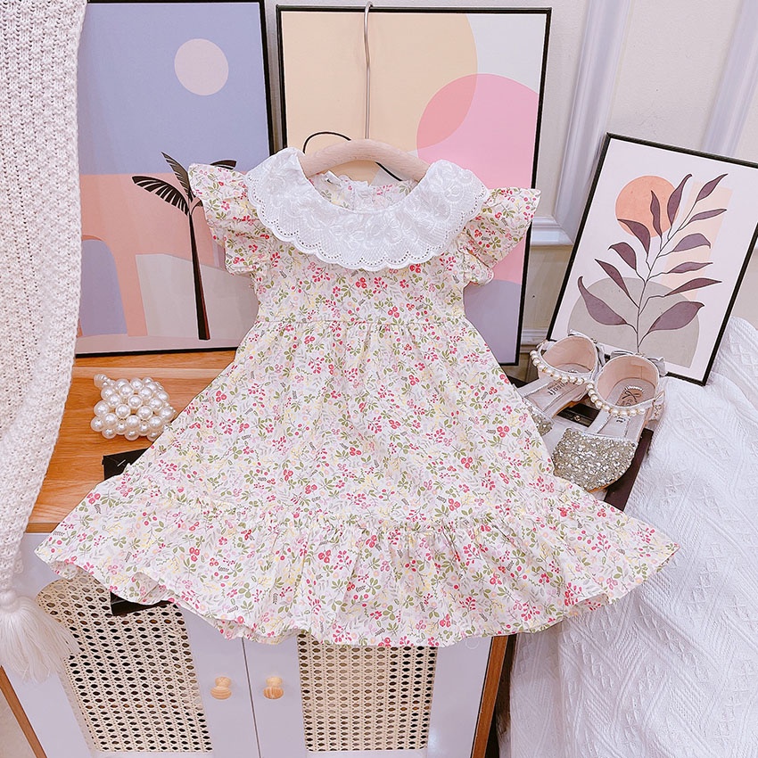 VÁY HOA CHO BÉ GÁI CỔ REN TIỂU THƯ, VÁY BỒNG BỀNH BÈO DƯỚI SIZE 9-19KG [V39]