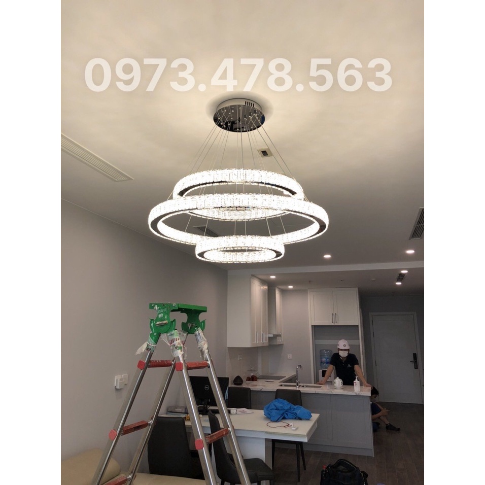 Đèn Chùm Thả 3 Vòng Pha Lê Dày 5cm,Có Điều Khiển Từ Xa,Dây Đèn Điều Chỉnh Cao Thấp Tùy Ý,Decor Phòng Khách,Phòng Ngủ Bếp