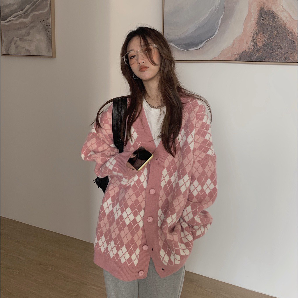 Áo Khoác Cardigan Dệt Kim Dáng Rộng Màu Sắc Tương Phản Phong Cách Retro Cho Nữ