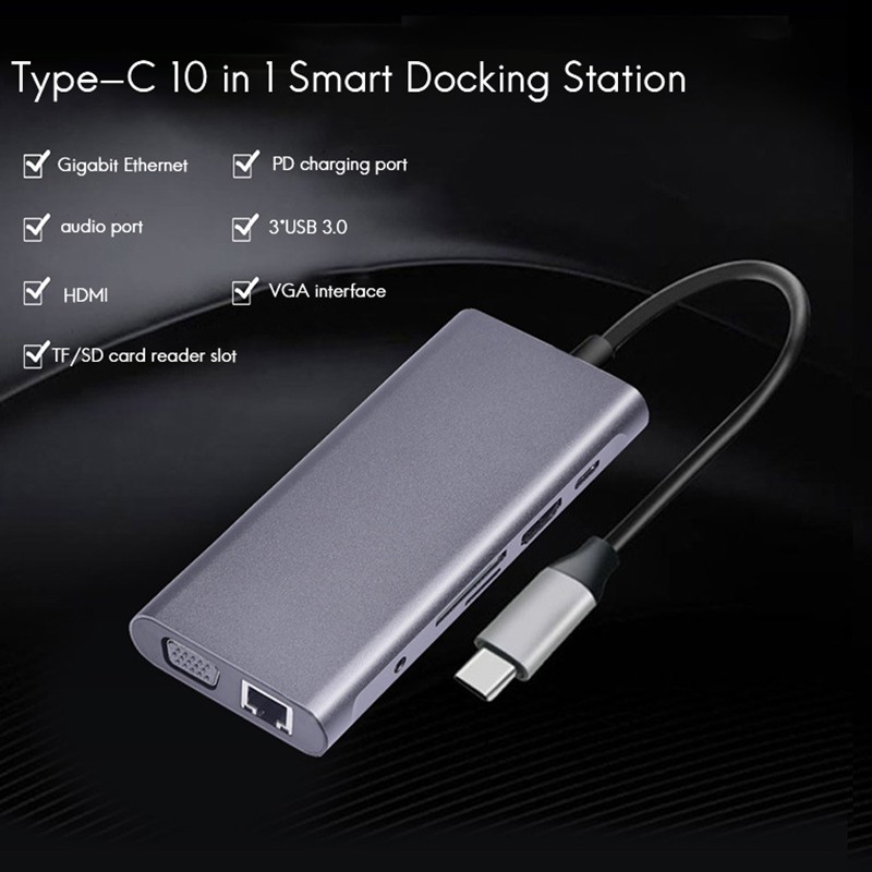 Bộ Sạc Nhanh 10 Trong 1 Chuyển Đổi Cổng Type-C Sang Hdmi / Vga / Usb 3.0 / Gigabit Ethernet / Tf / Sd / Pd