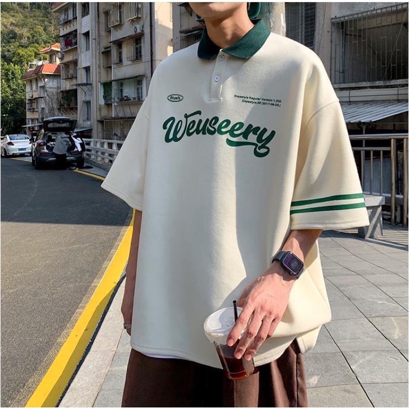 Áo thun Polo Unisex WEUSEERY màu XANH/KEM form rộng Ulzzang  Chất thun da cá form nam nữ unisex