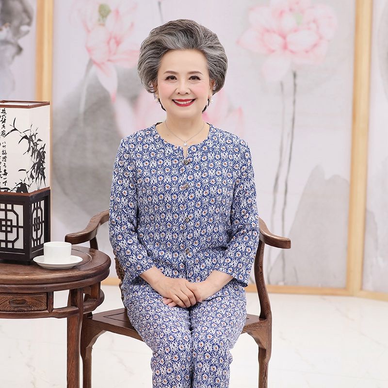 Bộ đồ ngủ dành cho người trung niên và cao tuổi của phụ nữ cotton lụa dài tay cho mẹ và bà ở nhà mùa phục vụ bộ đồ rayon | BigBuy360 - bigbuy360.vn