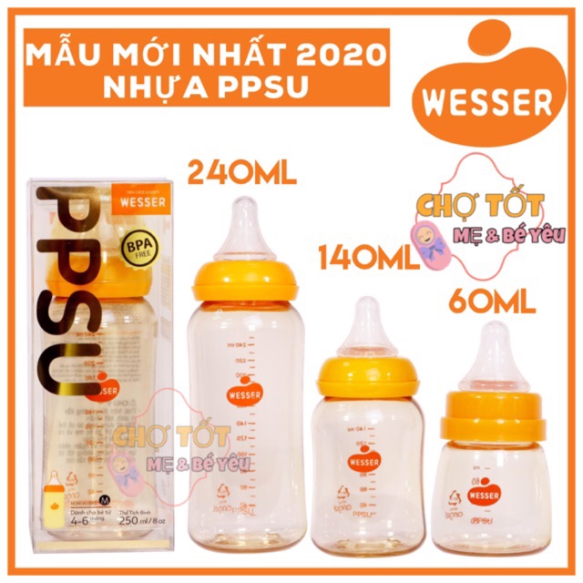 [MỚI NHẤT] BÌNH SỮA WESSER CỔ HẸP CAO CẤP PPSU MẪU MỚI 60ML/140ML/240ML