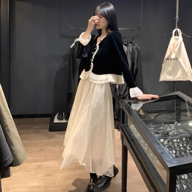 Set Áo Nhung Phối Bèo Mix Chân Váy Tơ Tiểu Thư (hàng QC loại 1) Áo Nhung Kiểu Tay Dài Phối Bèo Kèm CV xoè 2 lớp