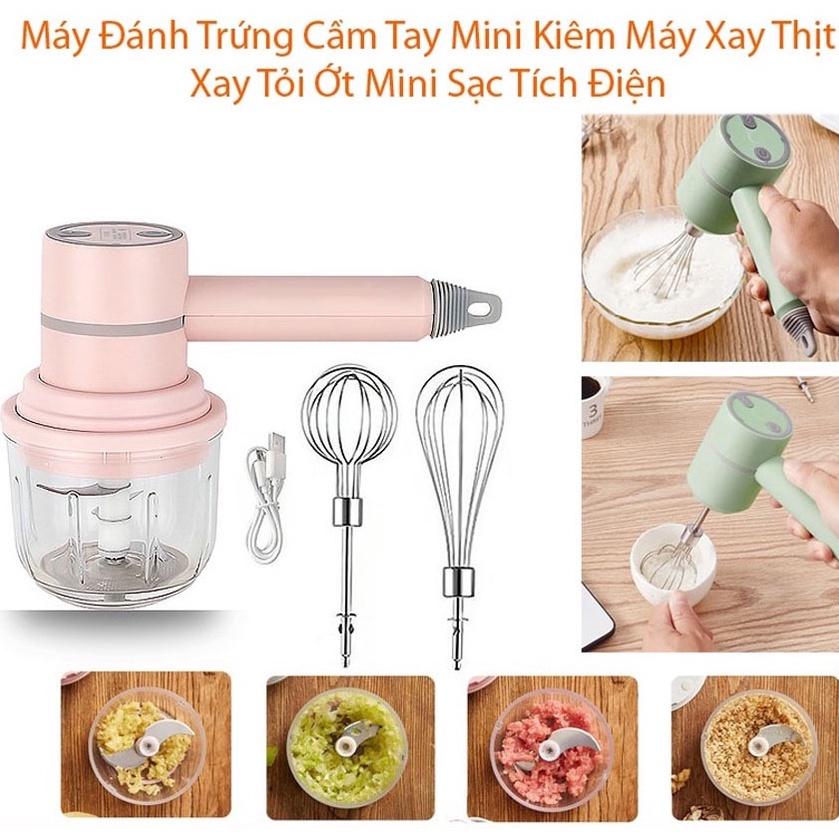 Máy Đánh Trứng 2 In 1 Cầm Tay Kiêm Xay Thịt, Xay Tỏi Ớt 3 Chế Độ Sạc Tích Điện, Máy Đánh Trứng Làm Bánh Kem