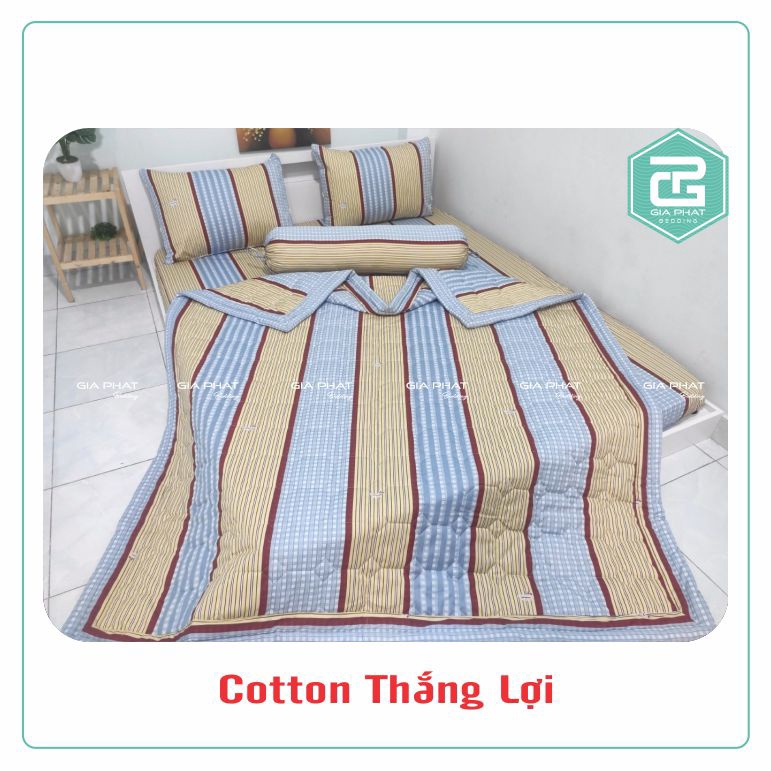 Bộ ga gối Thắng Lợi {4 món}100% Cotton chuẩn logo họa tiết Sọc Chấm