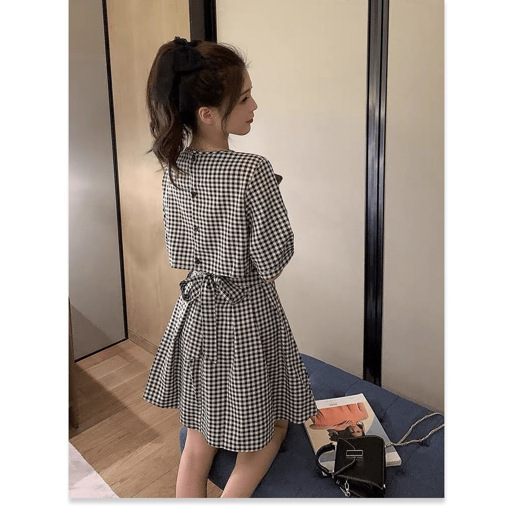 ĐẦM NỮ CARO PHỐI NƠ VIỀN NÚT LƯNG SÀNH ĐIỆU SANG CHẢNH