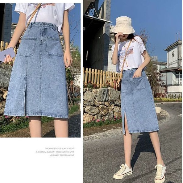 ( Sẵn )CHÂN VÁY JEANS NỮ CẠP CAO, CHÂN VÁY XẺ DÁNG CHỮ A