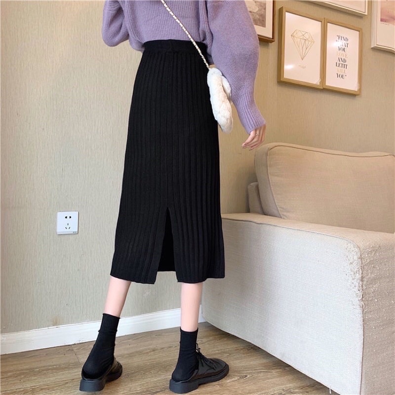 Chân váy len tăm, lưng cao xẻ  phong cách hang quốc