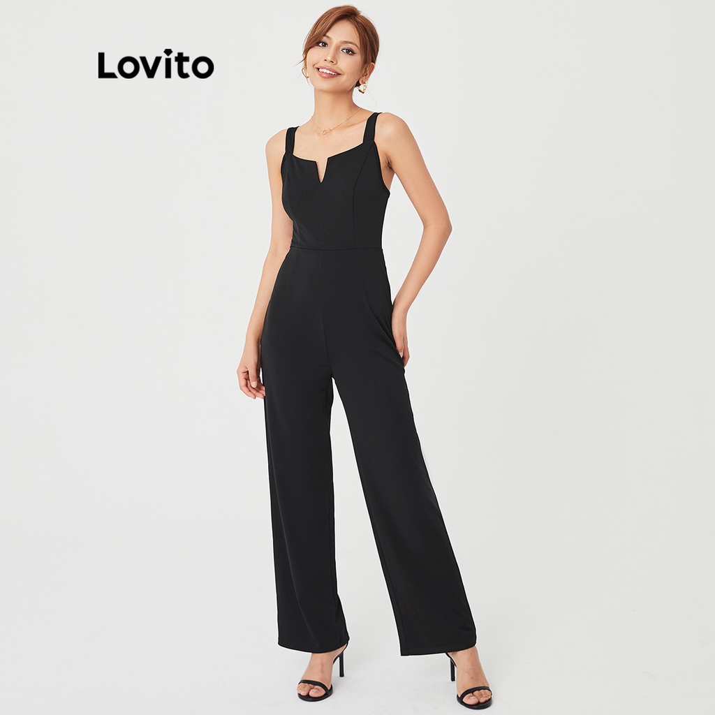 Áo liền quần Lovito cổ chữ V phong cách thanh lịch màu trơn L27ED110 (màu đen)