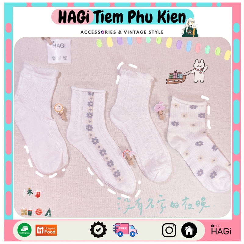 Set 4 Đôi Tất nữ Vintage Trắng Phối Ren Hoạ Tiết Hoa Mùa Xuân Dễ Thương Phong cách Hàn quốc Học sinh Sinh Viên