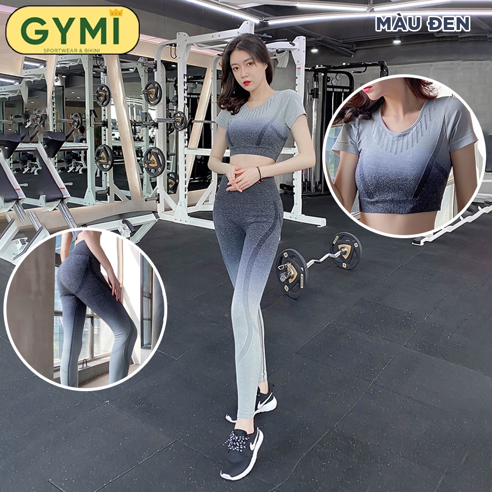 Set bộ đồ tập gym yoga nữ thể thao GYMI SET02 gồm áo croptop ngắn tay kèm mút ngực và quần legging dài chất dệt kim