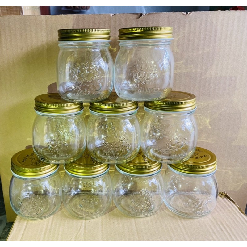 HỦ THUỶ TINH IN HOA -NẮP THIẾT VÀNG 300ml-1 lít