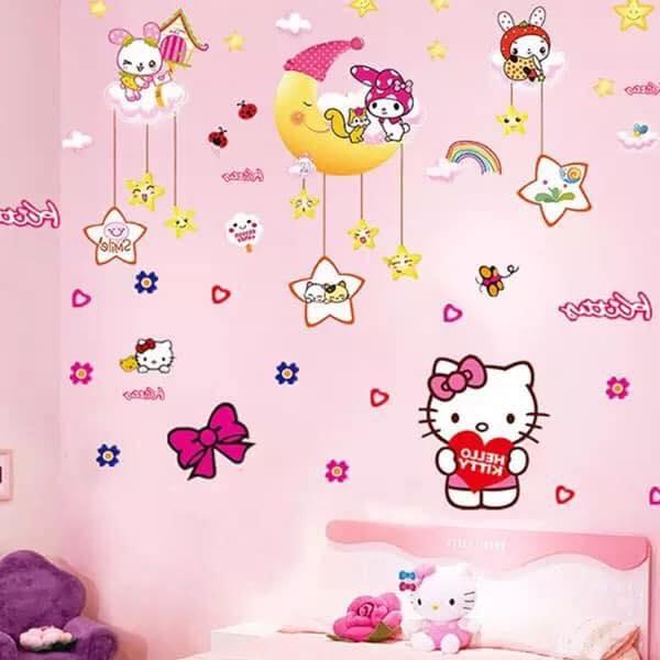 DECAL DÁN TƯỜNG THỎ YÊU TRĂNG VÀ KITTY