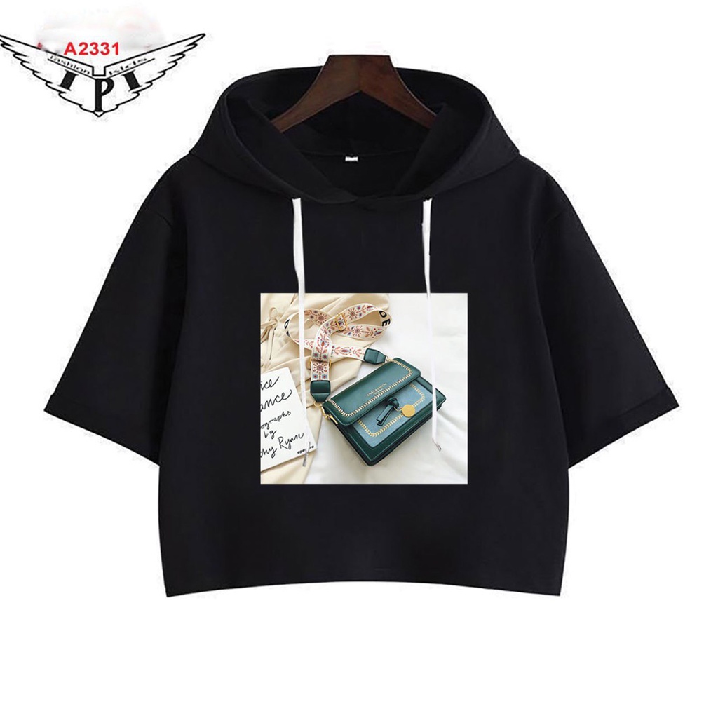 Áo thun hoddie cotton 100% mềm mát in túi xách cho bé gái ( 2 màu trắng và đen)
