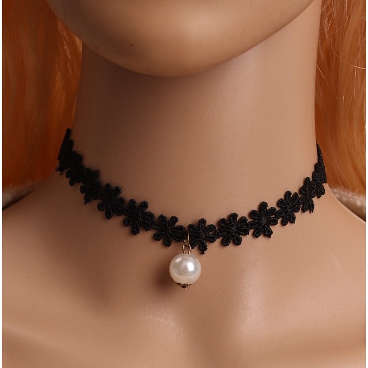 【JIHE】Vòng Cổ choker Phối Ren Đính Ngọc Trai Đen Phong Cách Nhật Hàn Thời Trang