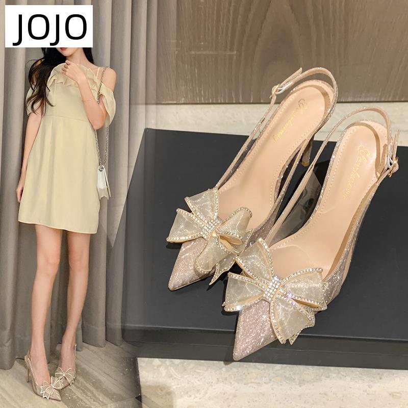 Giày Cao Gót Hở Ngón Đính Nơ Pha Lê Màu Rượu Champagne Thời Trang Mùa Hè Cho Nữ