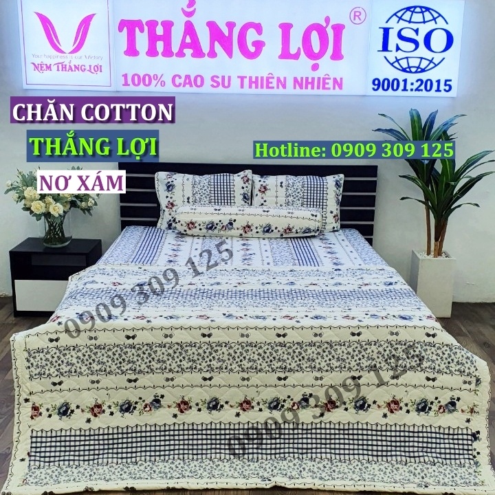 bộ drap(4 món) cotton 100% Thắng lợi chính hãng, nơ xám (ảnh thật)