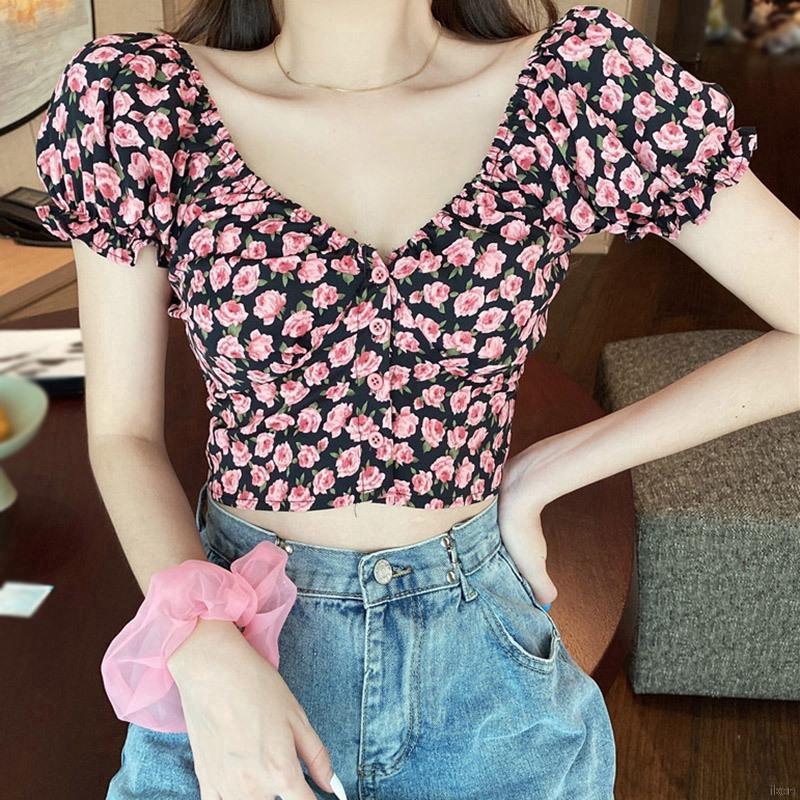 sơmi nữ Áo sơ mi Women's Fashion Small Floral Print V-Neck Sexy Crop tops Sweet Short Sleeve Chiffon Shirt Blouse Tops Tee