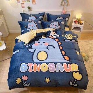 Bộ Drap & Chăn Chần Bông Nỉ Nhung 3D Khủng Long Mọc Sừng