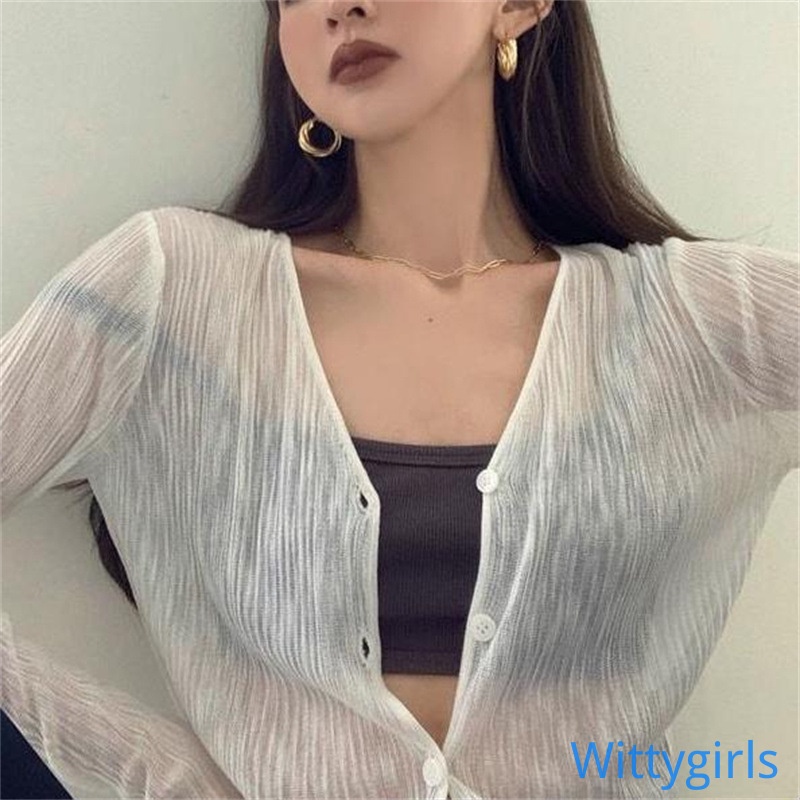 Áo Sơ Mi Tay Dài Cổ Chữ V Thiết Kế Xuyên Thấu Thời Trang Mùa Hè Cho Nữ